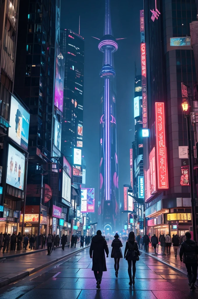 People walking through the city at night with a large clock tower in the background々, In a futuristic cyberpunk city, Futuristic cyberpunk scenario, Highly praised Earth Station and Beeple, Fantasy sci-fi city, sci-fi cyberpunk city street, Bustling Cyberpunk City, 3D rendering beeple, cinematic beeple, cyberpunk city street, Beeple Style
