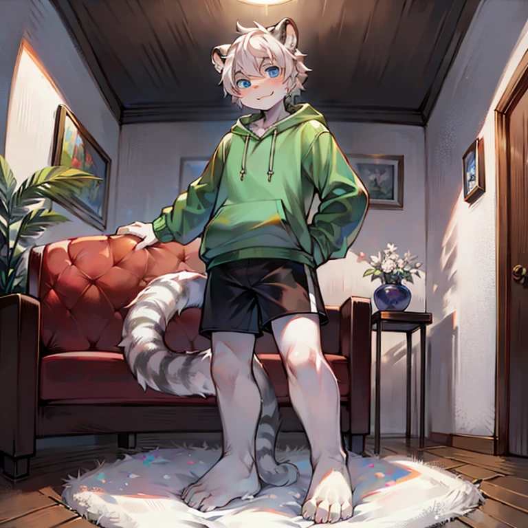 teenager, Short white hair, ear, Lower Body, living room, hairy, White hair everywhere, White hair everywhere, White Tiger, Tiger Tail, masterpiece, High quality portrait, Humanoid, youth style, posture, panoramic, White Tiger型, Green Hoodie, Black shorts, super Handsome face, Handsome, Tiger Youth, blue eyes, White Tiger, white ear, barefoot