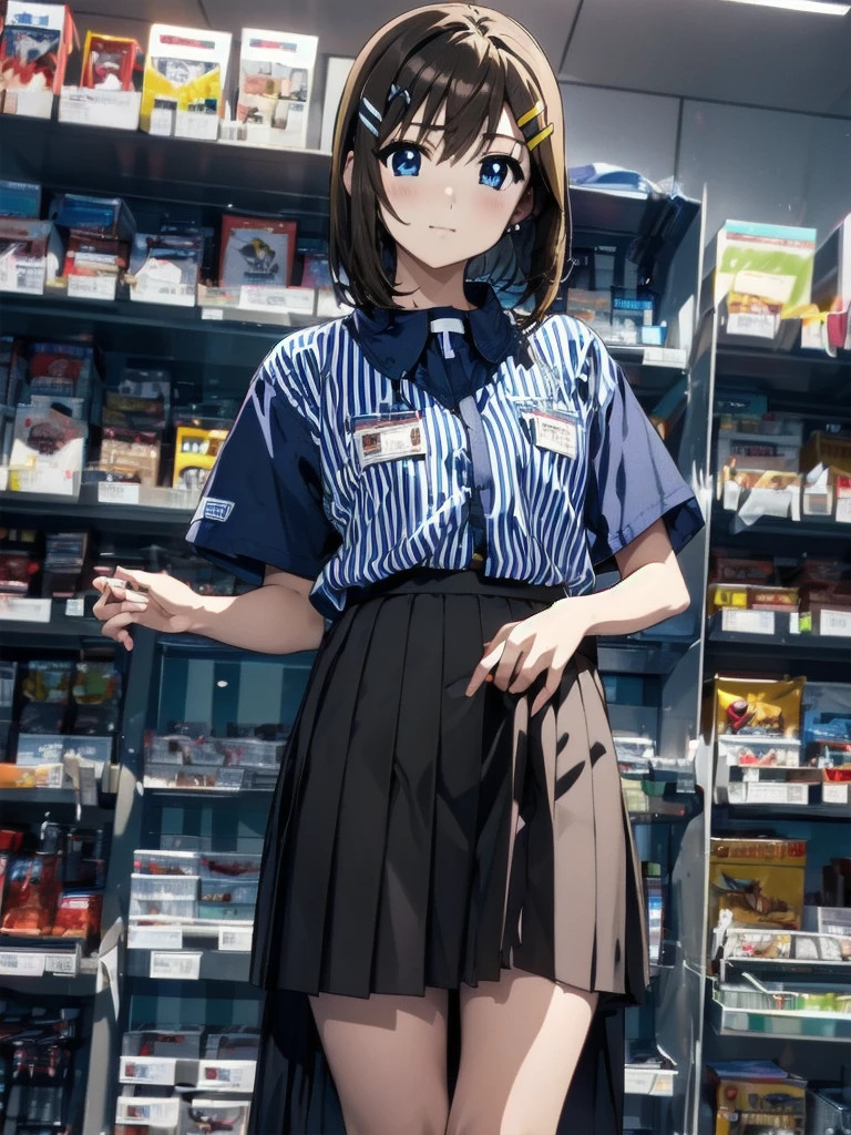 nsfw , Hayate Yagami , lyrical nanoha , (((highres official art))) , (((Anime Pinups))) , (((1girl))) , (((solo))) , (((a little lighter brown hair))) , (((Hair Clip))) , best quality, highres, ****, lawson uniform, employee uniform, shirt, name tag, short sleeves, striped shirt, striped, vertical-striped shirt, blue shirt, vertical stripes, alternate costume , (((lift skirt))), (((skirt hold))) , (((no panties))) 