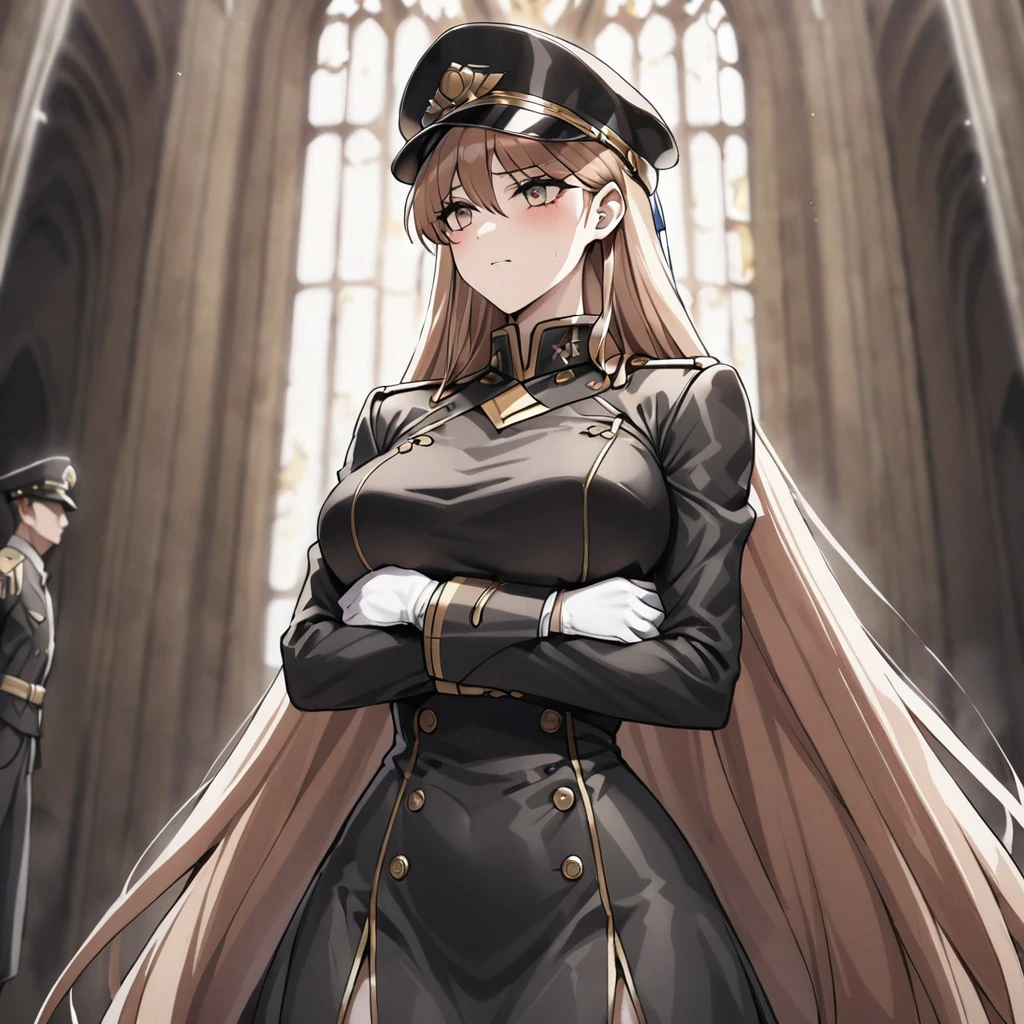 ((Highest quality)), ((masterpiece)), (detailed), (Perfect Face)、The woman is Princess Leona, with medium-long light brown hair, wearing a sexy black military uniform and cap, and is being held in the arms of a wicked, strong, and dignified old general in a luxurious church as she is getting married.、The woman has medium-long hair, is brainwashed, has no expression, and has no highlights in her eyes.