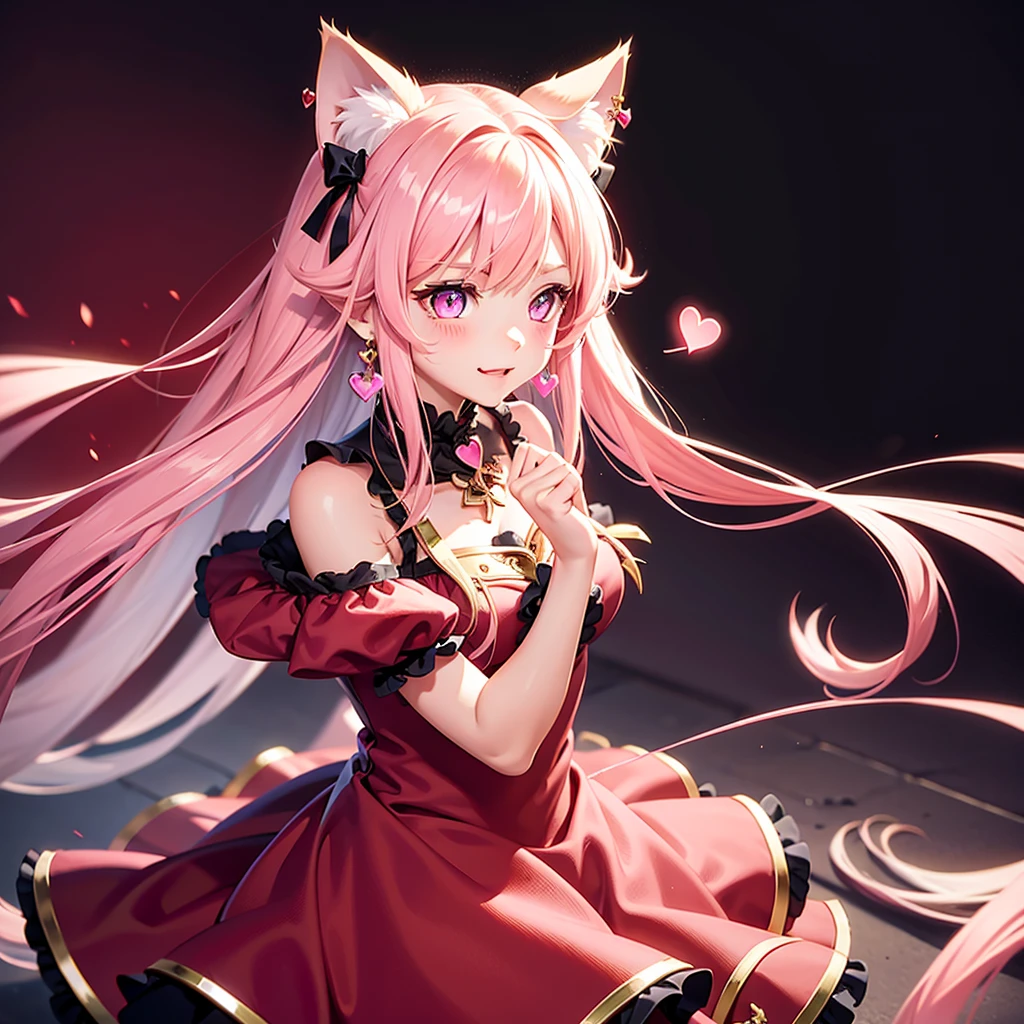 Long hair, pink eyes, body, cat ears, girl, earrings, heart background fantasy, princess, godly, hair bows,  happy face, red dress