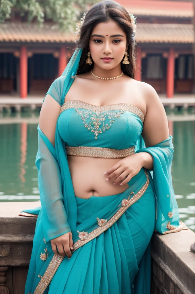 1 Heavenly beautiful and goddess beauty cute and sweet looking face Indian female in front of Wuzhen Water Town, China, Heavenly beautiful Overweight, Heavenly beautiful Extremely fat, Heavenly beautiful and attractive Chubby figure , Heavenly beautiful looking and eye catching luxury style tight fitting Indian strapless traditional blouse and sarees , reaching out, Heavenly beautiful Arabian woman, 16k, High resolution, masterpiece, highest quality, fine skin, outside view, Realistic Photograph, size 45 and waist size 32, close up face view