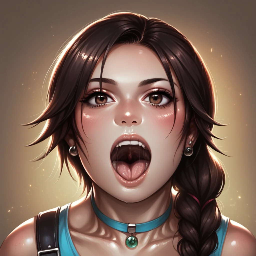 A portrait of Lara Croft with piercing brown eyes, set against temple background with warm golden lighting, photorealistic, dslr, 8k, inspired by tipseason.com, ultra realistic, upper body , detailed mouth, mesmerizing mouth, high definition mouth, focus on face, best quality, detailed, absurd resolution, absurd detail, intricate details, vibrant colors, ultra-realistic, open mouth,