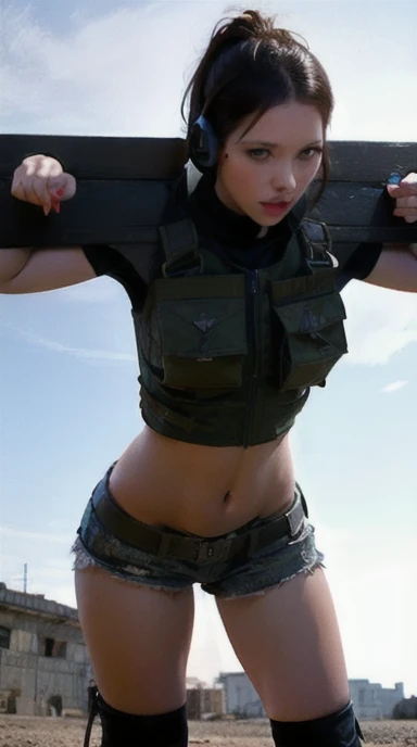 a woman in a white outfit holding a rifle and wearing headphones, 24-year-old woman, Filipino woman, tan bronze skin, soldier girl, mechanized soldier girl, military girl, beautiful female soldier, female lead character, infantry girl, of a sniper girl in war, solo female character, future combat gear, close up half body shot, Women in crop top military bulletproof vest, ((showing navel)), exposed abdomen area, quiet from metal gear solid v, wearing tactical gear, dressed in tactical armor, ,pillory,