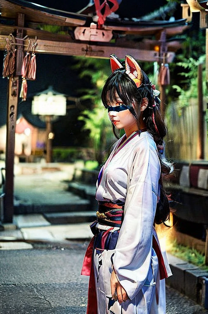 2 peopleの女性、顔が毛皮に覆われた女性が2 people、2 people、fox mask、Fox ears、White kimono、shout、night、Japan Road、shrine、Low - Angle、Dynamic composition、Background blur