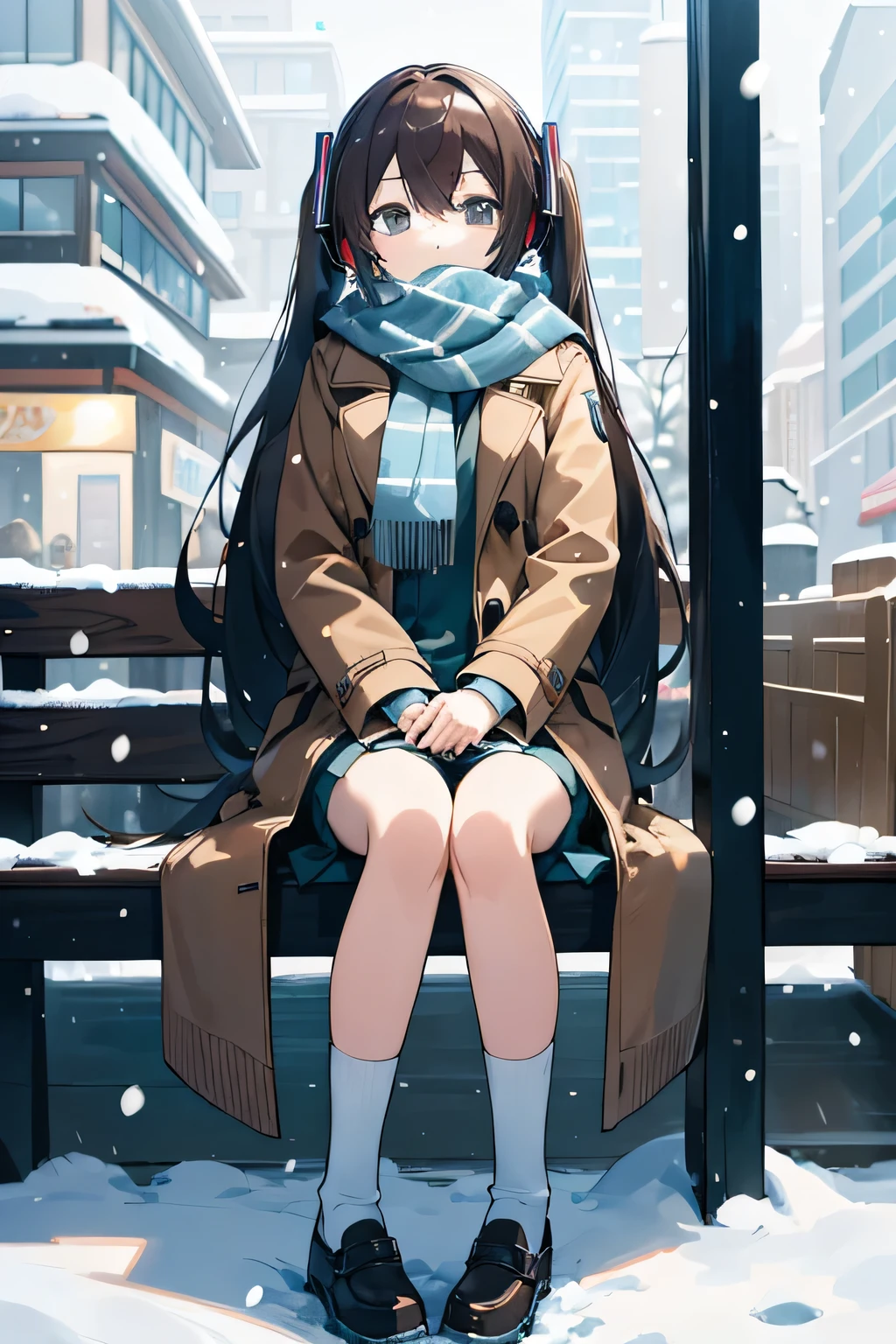 (masterpiece),(Best quality), Yuki, brown coat, scarf, knees, empty eyes, expressionless face, park, waiting, Shop, snowing, snowinging, hatsune miku