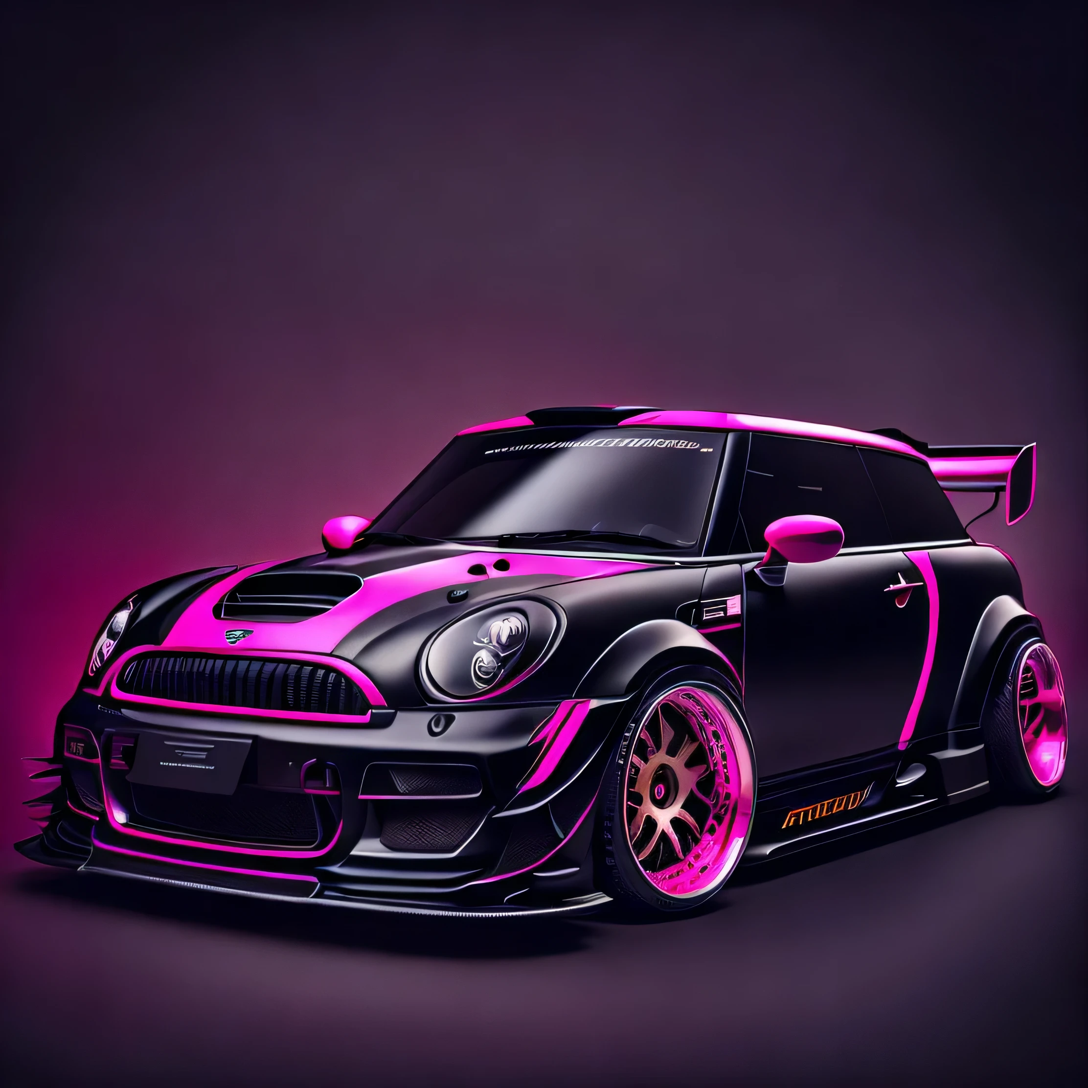 Artwork for t-shirt graphic design, a modern graphic design, classic hot pink Mini Cooper S, ((carbon fibre, Liberty walk ultra wide body kit)), aggressive stance ((background: old industrial style building, large windows in background, overcast sky, heavy industrial look, cobble stone street)), 8K quality, realistic, realism, sharp, detailed, ultrawide, black and carbon fibre and deep candy colour scheme, front profile, epic stance, epic ultra wide body kit, super low stance, aggressive looks , street, highly detailed clean, vector image, realistic masterpiece, professional photography, realistic car, car sunrise background, flat black background, isometric, vibrant vector