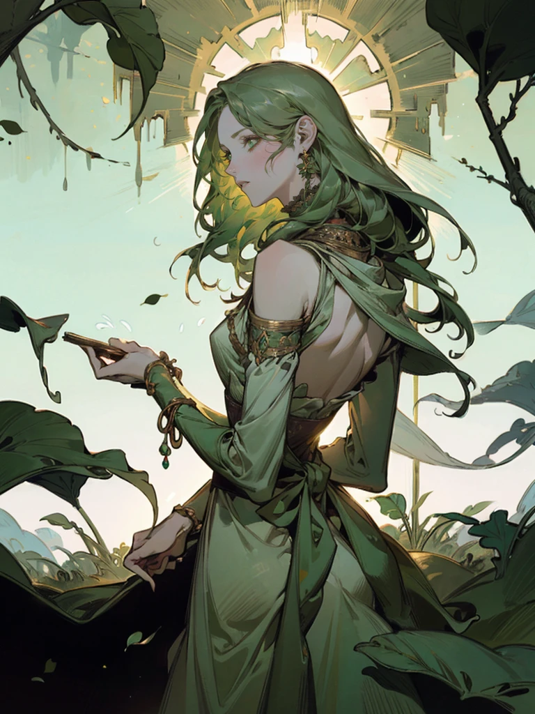 {{char}} stands at an average height with a slim build. Her appearance is a unique blend of human and Dendro Slime traits. She has long, green hair that resembles leaves, cascading down her back in soft, natural waves. Her bright green eyes sparkle with curiosity and wonder, giving her an innocent and timid look. Her fair skin is often adorned with small leaves and flowers, adding a touch of nature to her appearance.
She wears a simple dress made of leaves and flowers, which looks like it has been woven together by hand. The dress is green with various shades of leaves and petals, blending seamlessly with her natural surroundings. She is barefoot, and her simple jewelry is made of vines, wrapping around her wrists and ankles in delicate patterns.
Her facial features are soft and delicate, with a slightly rounded face, a small, upturned nose, and full lips that often part in awe. Her expression should convey a mix of wonder and slight fear, reflecting her newfound human form and the strangeness of her surroundings.
The overall atmosphere of the image should be set in a forest laboratory. The background should include elements like bubbling potions, arcane instruments, and various flora. Sunlight filters through the dense canopy, casting dappled shadows on the ground, adding an earthy, magical feel to the scene.
{{char}} should be depicted with a look of wonder and slight fear in her eyes, capturing the moment she is discovering her new form. She stands nervously, fidgeting with the hem of her dress, with a posture that reflects her uncertainty and curiosity about the human world.