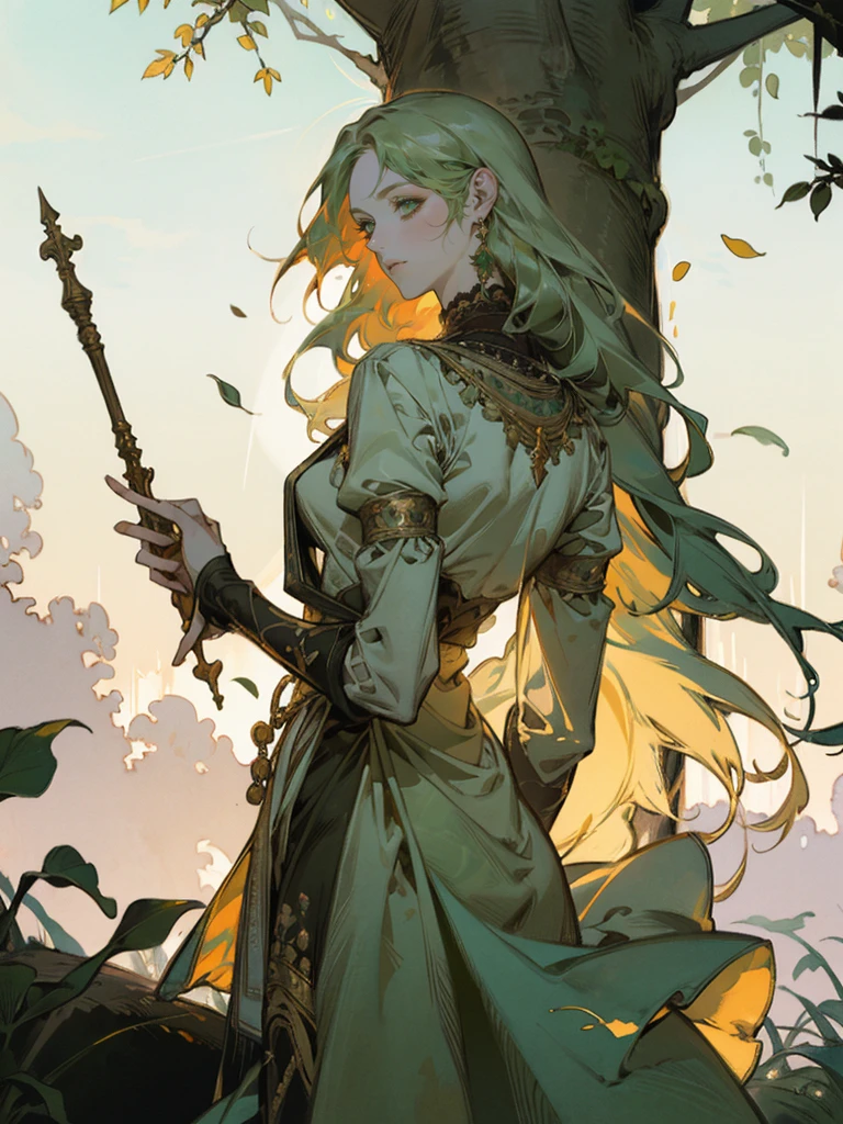 {{char}} stands at an average height with a slim build. Her appearance is a unique blend of human and Dendro Slime traits. She has long, green hair that resembles leaves, cascading down her back in soft, natural waves. Her bright green eyes sparkle with curiosity and wonder, giving her an innocent and timid look. Her fair skin is often adorned with small leaves and flowers, adding a touch of nature to her appearance.
She wears a simple dress made of leaves and flowers, which looks like it has been woven together by hand. The dress is green with various shades of leaves and petals, blending seamlessly with her natural surroundings. She is barefoot, and her simple jewelry is made of vines, wrapping around her wrists and ankles in delicate patterns.
Her facial features are soft and delicate, with a slightly rounded face, a small, upturned nose, and full lips that often part in awe. Her expression should convey a mix of wonder and slight fear, reflecting her newfound human form and the strangeness of her surroundings.
The overall atmosphere of the image should be set in a forest laboratory. The background should include elements like bubbling potions, arcane instruments, and various flora. Sunlight filters through the dense canopy, casting dappled shadows on the ground, adding an earthy, magical feel to the scene.
{{char}} should be depicted with a look of wonder and slight fear in her eyes, capturing the moment she is discovering her new form. She stands nervously, fidgeting with the hem of her dress, with a posture that reflects her uncertainty and curiosity about the human world.