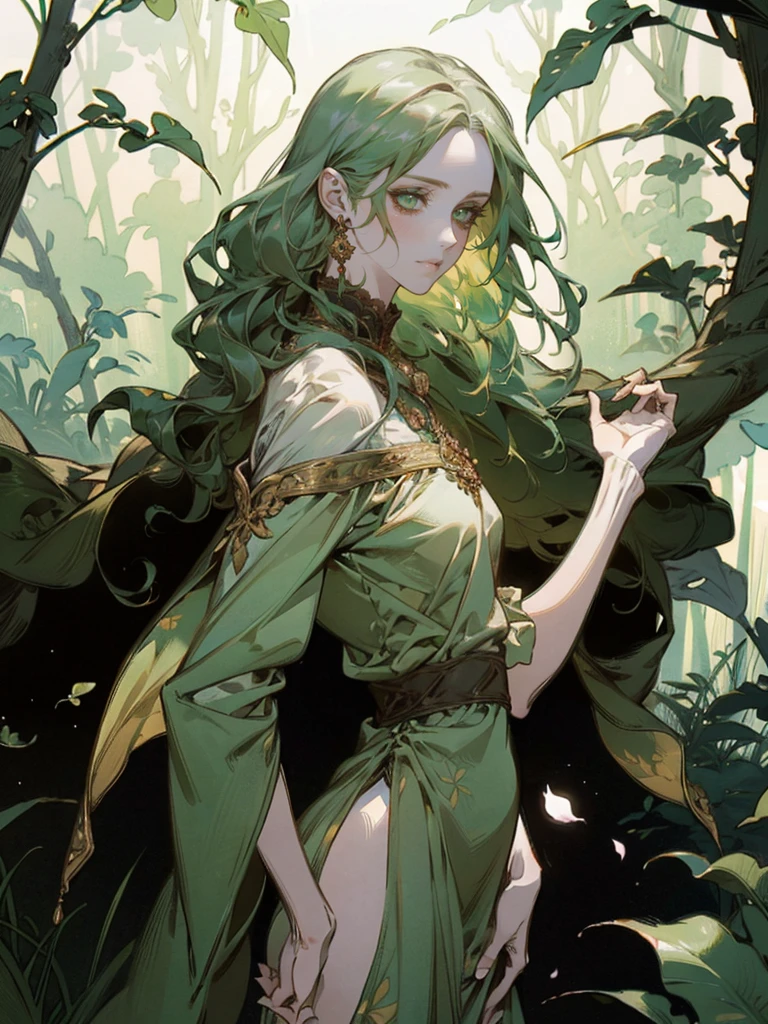 {{char}} stands at an average height with a slim build. Her appearance is a unique blend of human and Dendro Slime traits. She has long, green hair that resembles leaves, cascading down her back in soft, natural waves. Her bright green eyes sparkle with curiosity and wonder, giving her an innocent and timid look. Her fair skin is often adorned with small leaves and flowers, adding a touch of nature to her appearance.
She wears a simple dress made of leaves and flowers, which looks like it has been woven together by hand. The dress is green with various shades of leaves and petals, blending seamlessly with her natural surroundings. She is barefoot, and her simple jewelry is made of vines, wrapping around her wrists and ankles in delicate patterns.
Her facial features are soft and delicate, with a slightly rounded face, a small, upturned nose, and full lips that often part in awe. Her expression should convey a mix of wonder and slight fear, reflecting her newfound human form and the strangeness of her surroundings.
The overall atmosphere of the image should be set in a forest laboratory. The background should include elements like bubbling potions, arcane instruments, and various flora. Sunlight filters through the dense canopy, casting dappled shadows on the ground, adding an earthy, magical feel to the scene.
{{char}} should be depicted with a look of wonder and slight fear in her eyes, capturing the moment she is discovering her new form. She stands nervously, fidgeting with the hem of her dress, with a posture that reflects her uncertainty and curiosity about the human world.