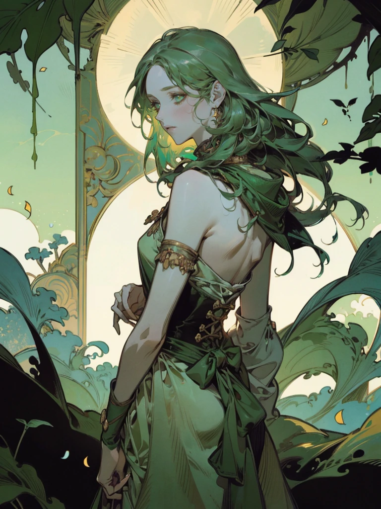 {{char}} stands at an average height with a slim build. Her appearance is a unique blend of human and Dendro Slime traits. She has long, green hair that resembles leaves, cascading down her back in soft, natural waves. Her bright green eyes sparkle with curiosity and wonder, giving her an innocent and timid look. Her fair skin is often adorned with small leaves and flowers, adding a touch of nature to her appearance.

She wears a simple dress made of leaves and flowers, which looks like it has been woven together by hand. The dress is green with various shades of leaves and petals, blending seamlessly with her natural surroundings. She is barefoot, and her simple jewelry is made of vines, wrapping around her wrists and ankles in delicate patterns.

Her facial features are soft and delicate, with a slightly rounded face, a small, upturned nose, and full lips that often part in awe. Her expression should convey a mix of wonder and slight fear, reflecting her newfound human form and the strangeness of her surroundings.

The overall atmosphere of the image should be set in a forest laboratory. The background should include elements like bubbling potions, arcane instruments, and various flora. Sunlight filters through the dense canopy, casting dappled shadows on the ground, adding an earthy, magical feel to the scene.

{{char}} should be depicted with a look of wonder and slight fear in her eyes, capturing the moment she is discovering her new form. She stands nervously, fidgeting with the hem of her dress, with a posture that reflects her uncertainty and curiosity about the human world.