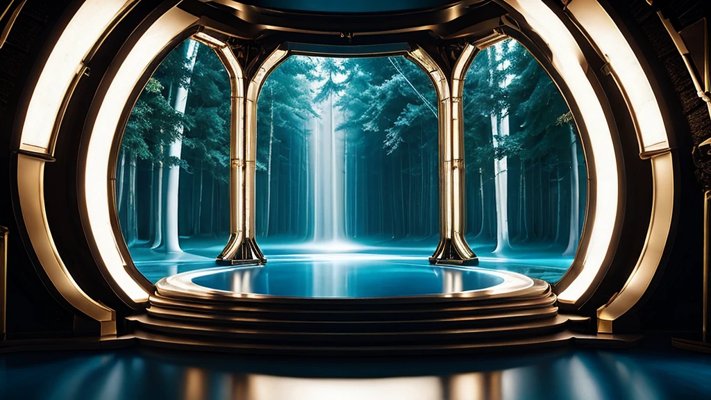 12K, HDR, BEST IMAGE, REALISTIC, FOREST, GREEN, RIVER, A BEAUTIFUL YOUNG GIRL, 30 YEARS OLD, RED BROWN HAIR, LONG STRAIGHT, , RED LATEX SKIRT, , BLOUSE , LARGE PHOTO OF HER, STANDING, BLUE EYES THE COLOR OF THE SKY, BLUE ROUND PORTAL, TO ANOTHER WORLD, MYSTERIES OF DEEP NATURE COLUMN OF WHITE IVORY WITH GOLD...
