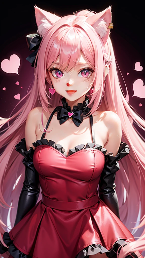 Long hair, pink eyes, body, cat ears, girl, earrings, heart background fantasy, princess, godly, hair bows, happy face, red dress