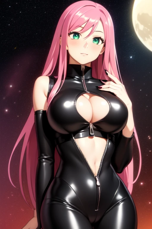1 girl, 19 years old, Long pink hair, green eyes with slit pupils, big breasts, master-piece, best quality, proportional body, proportional, sexy black leather catsuit, zipped down, showing cleavage, red nails, Under the moon background, the stars are shining, outdoor, Upper body, The sky is beautiful, Make eye contact with the camera, front figure, looking forward, (Detailed hands and fingers:1.2)