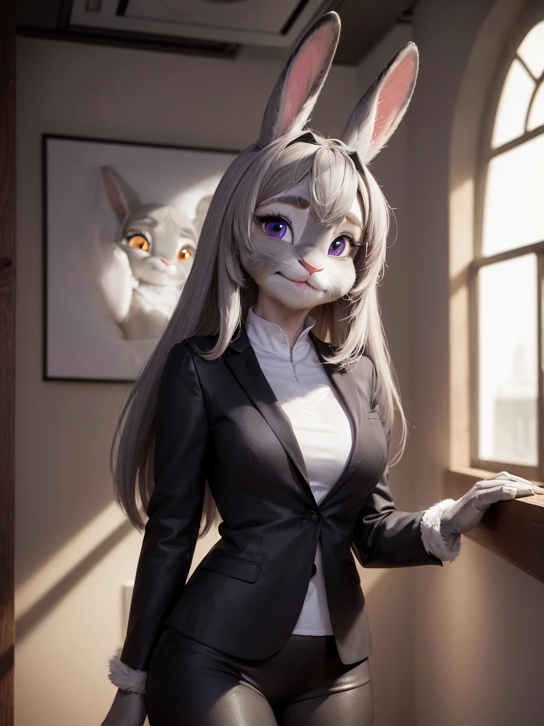 best quality,
masterpiece,
hyper Realistic,
ultra-detailed,
beautiful detailed,
4K,8K,High level,
PIXAR,
Photo real,
medium shot,
Looking at the audience upside,
background in bloom office,
Realistic lighting,
((anthropomorphic rabbit)),
detailed animals,
Complex patterns,
(furry:1.35),
(Whole skin is gray:1.35),
(body is fluffy and bushy:1.35),
Realistic fur,
((human hands)),
(Face is JudyHopps:1.35),
((medium straight hair))
((sidepart bangs)), bangs,
purple eyes,
{highlight on eyes, crisp eyes, sparkle in the eyes, round big pupils},
detailed iris,
(rised eyebrows:1.2),
(Crescent Brows:1.3),
(rabbit ears:1.1),
Smile,
Big Smile,
Innocent smile,
raised corners of mouth,
office lady is wearing suit,
((White blouse)) BREAK ((Black blazer)) BREAK ((Black pants)),
clothes made of wool,
(solo:1.5),
(1 lady:1.5),
one character only
alone,
Perfect Anatomy,
highlight,
sunlight,
lighting forward,
lighting front
intricate details,
ray tracing,
photorealistic,
lighter shadows,
