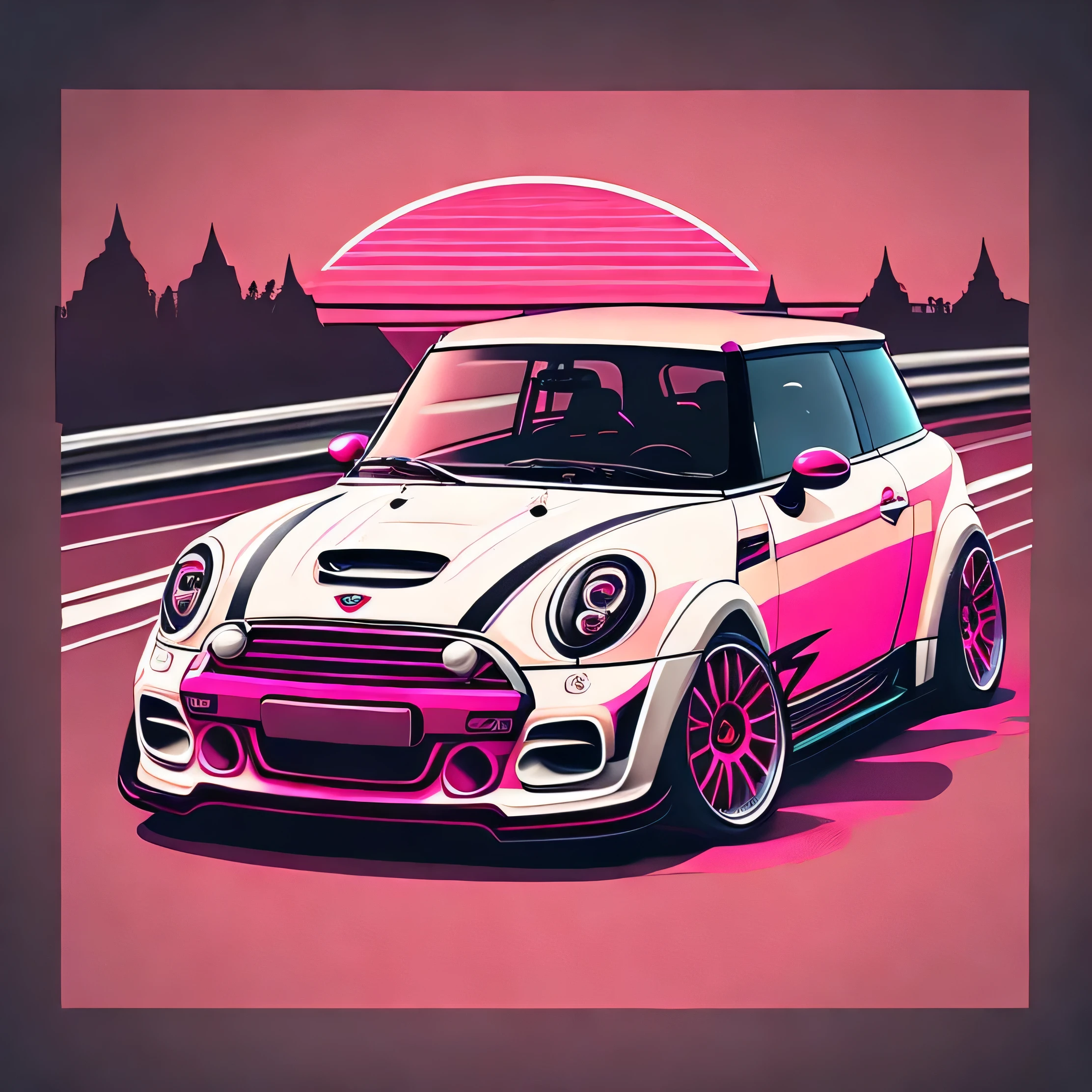 Artwork for t-shirt graphic design, a race track graphic design, Mini Cooper S R56, street, bold wild pink color, background in vintage pastel tone, highly detailed clean, vector image, realistic masterpiece, professional photography, realistic car, car sunrise background, flat black background, isometric, vibrant vector