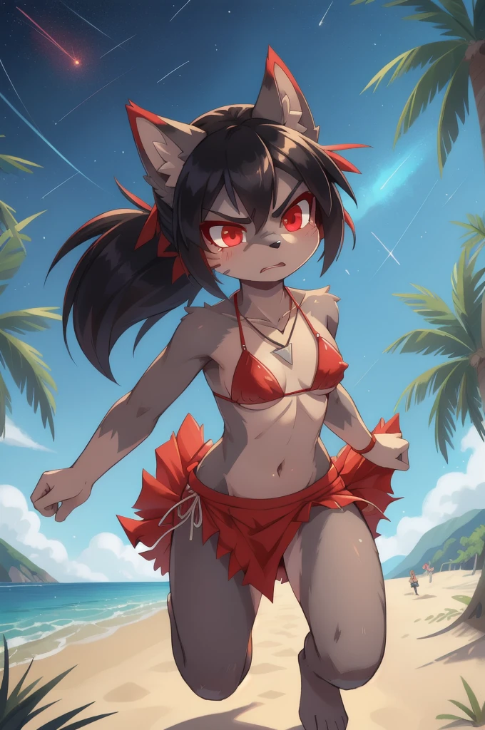 score_9,score_8_up,score_7_up, source_cartoon, source_furry, furry girl, wolf, black hair, punk hairstyle, huge long spiky ponytail, anime style, small breasts, red eyes, makeup, eyeshadows, ((deep red bikini ruffled triangle, high cut bottom, star necklace, beach sarong with shooting stars on hips)), high quality, detailed body, detailed eyes, detailed face, masterpiece, glistening body, detailed body fur, best quality, two tone body, gray fur, clear gray fur, perfect lighting, perfect shadows, perfect eyes, perfect hair, perfect face, gorgeous body, skinny, holding two knives, Naruto running, running towards viewer, angry expression, glowing red eyes, outdoors, from above, dynamic action shot, speed lines, motion blur, hands behind back, Birds Eye view,