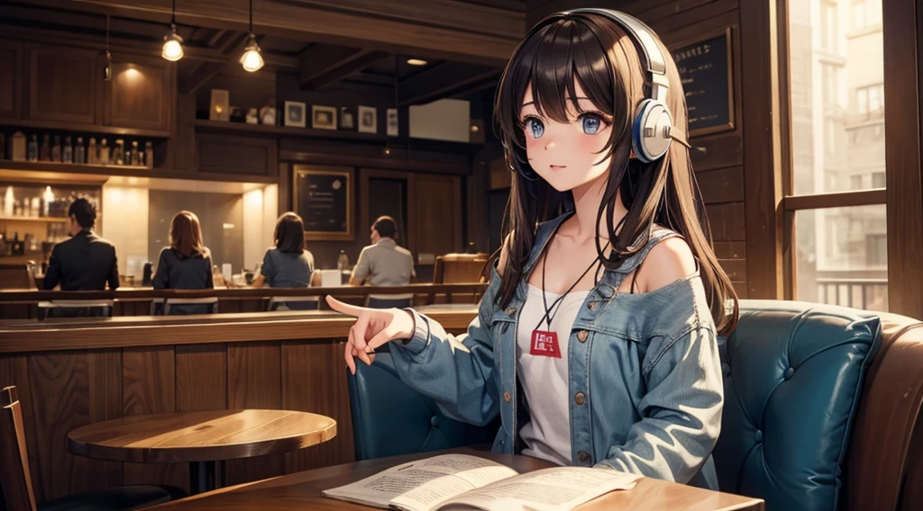Girl with headphones enjoying music in a cafe　I am studying　Emphasize a little bit of the chest