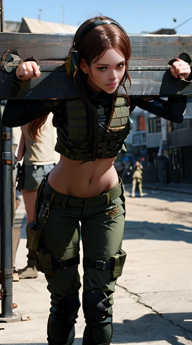 a woman in a white outfit holding a rifle and wearing headphones, 24-year-old woman, Filipino woman, tan bronze skin, soldier girl, mechanized soldier girl, military girl, beautiful female soldier, female lead character, infantry girl, of a sniper girl in war, solo female character, future combat gear, close up half body shot, Women in crop top military bulletproof vest, ((showing navel)), exposed abdomen area, quiet from metal gear solid v, wearing tactical gear, dressed in tactical armor, ,pillory,