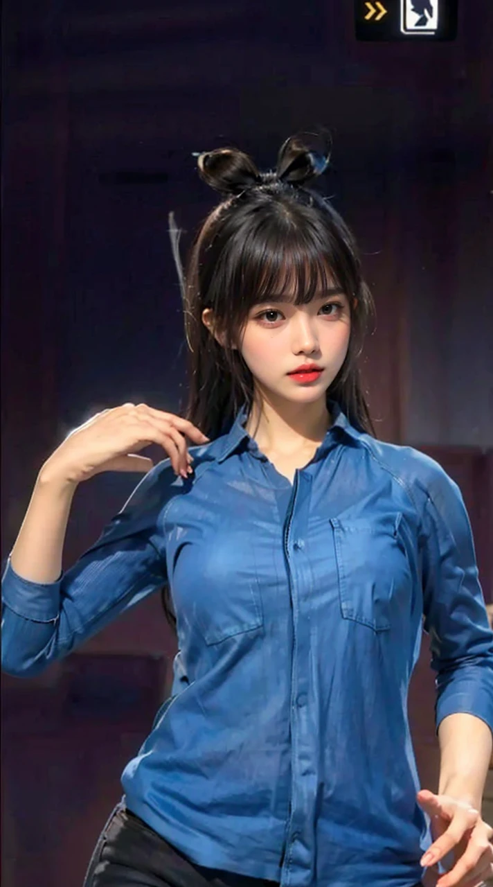 (realisticlying, A high resolution:1.3), 1 girl with perfect figure, The face shape and eyes are super delicate,long whitr hair, random color tank top:1.2, short jeans pants, Big Bubu,Exposing cleavage