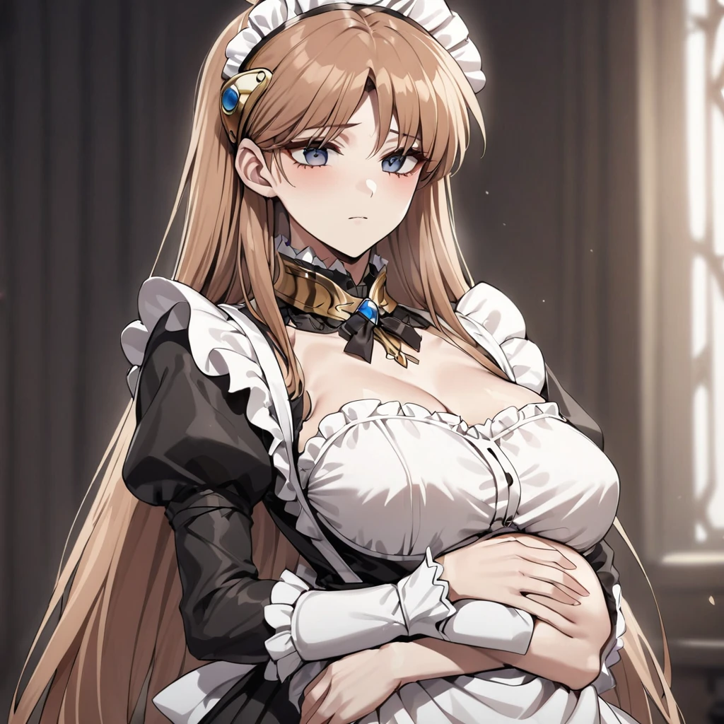 ((Highest quality)), ((masterpiece)), (detailed), （Perfect Face）、The woman is Princess Leona, with light brown, medium-long hair, wearing a Victorian maid outfit and giving a blowjob.、The woman is a brainwashed, expressionless, no-eye highlight aristocrat, and is giving him a blowjob while stroking his semen-covered dick and running her tongue over it.、The penis is ejaculating with force