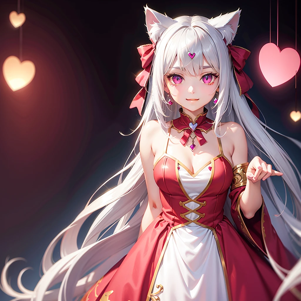Long silver hair, pink eyes, body, cat ears, girl, earrings, heart background fantasy, princess, godly, hair bows, happy face, red dress