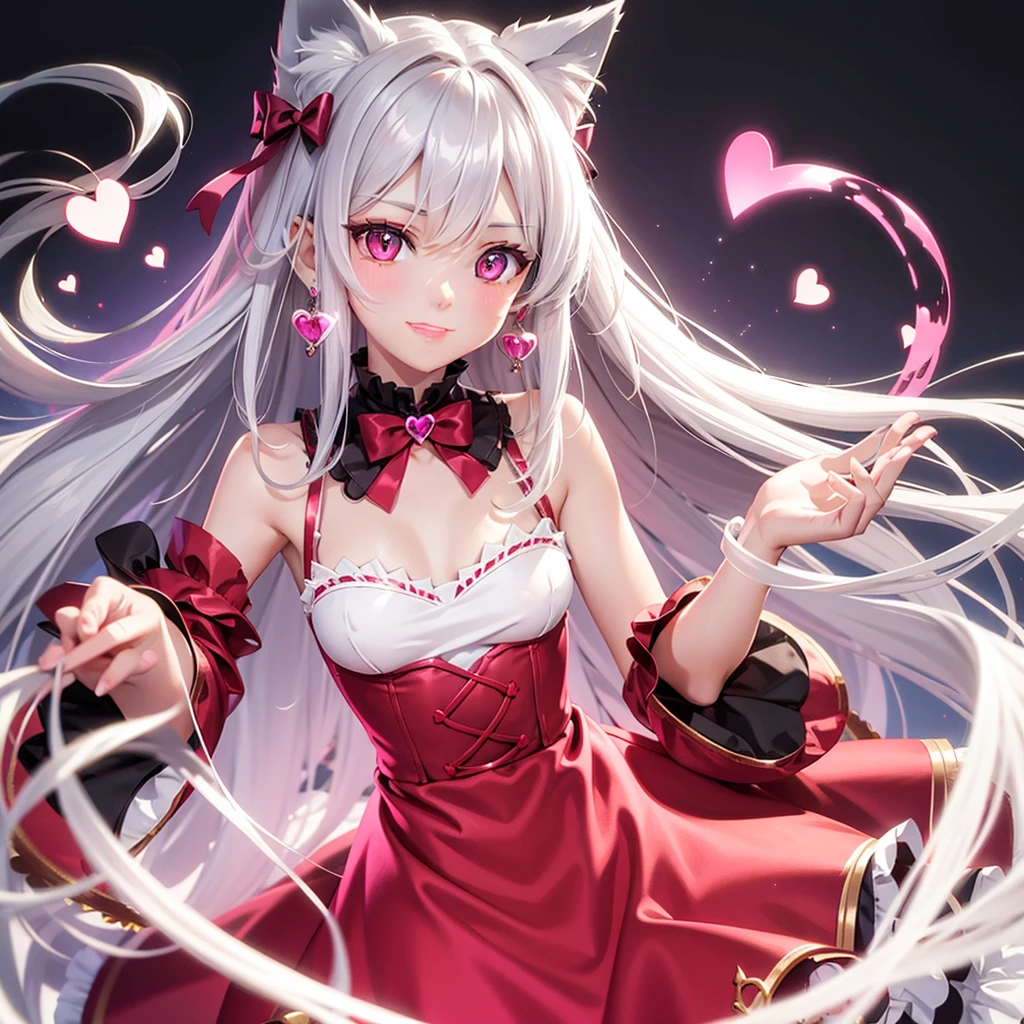 Long silver hair, pink eyes, body, cat ears, girl, earrings, heart background fantasy, princess, godly, hair bows, happy face, red dress