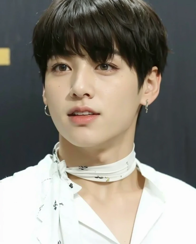 Kpop boy, Jeon Jungkook, smooth skin, big eyes, beautiful lips.