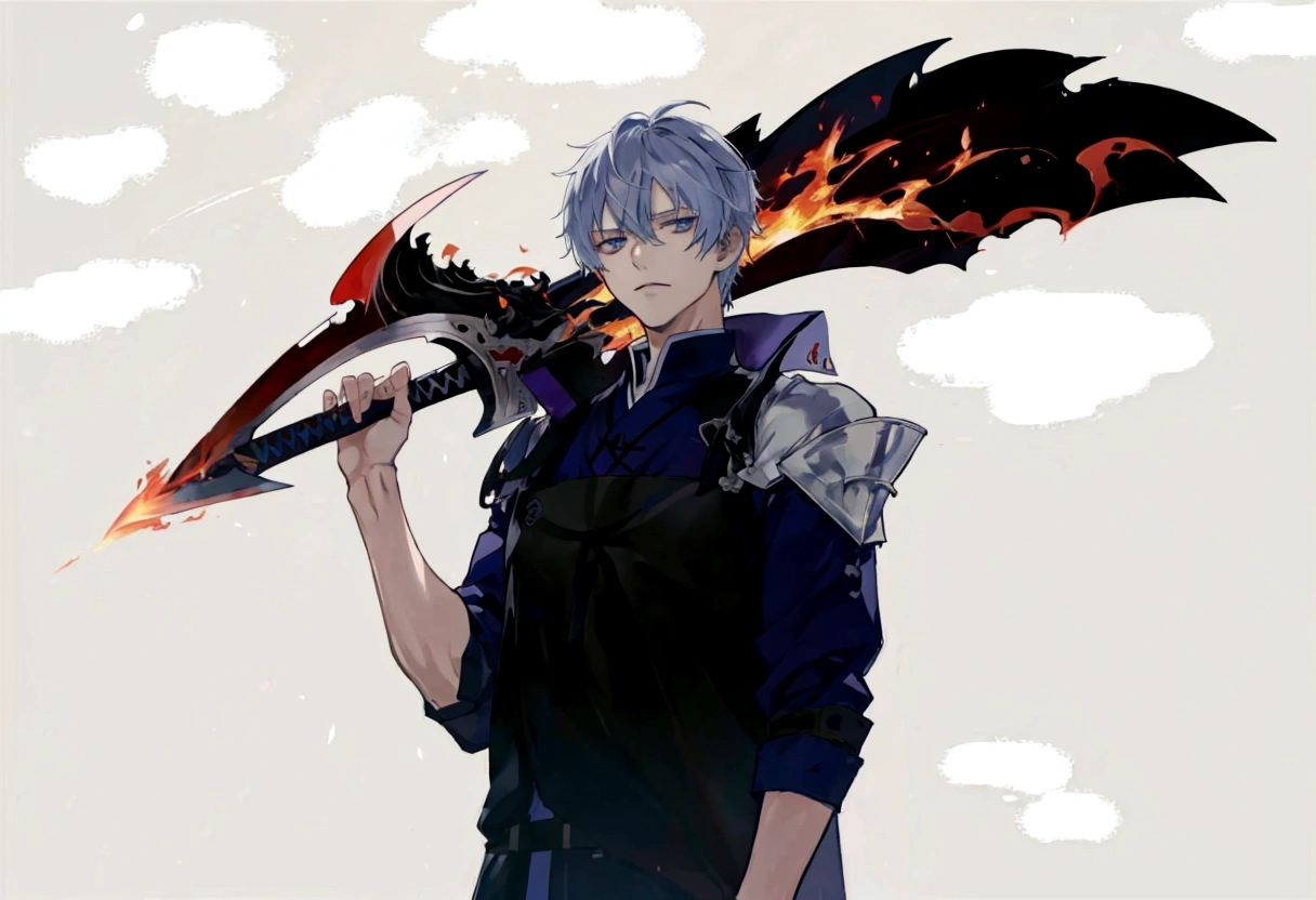 anime - style image of a man with a sword and a flame, 2d anime style, 2 d anime, by Shitao, with leviathan ax, shigenori soejima illustration, fire!! whole body, epic anime style, inspired by Kamisaka Sekka, by Kamisaka Sekka, zerochan art, he is very threatening and evil
