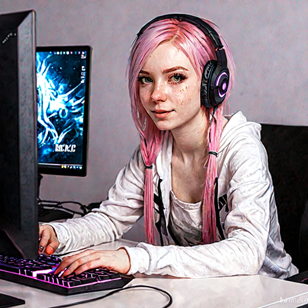 Pink hair pale skin girl gaming on PC 