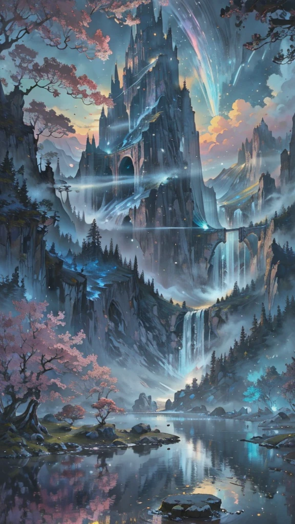 Imagine an enchanting scene in a vibrant dreamy romantic realm. The environment is full of intricate floating islands, Fluffy clouds, Waterfall cascading from floating island, and vibrant, surreal atmosphere. The atmosphere is full of wonder and tranquility. Incorporate multiple shades of pink and other bright jewel tones into your image. This scene will be depicted in anime-style illustrations, The lines are soft, Soft colors, And a sense of fantasy. All buildings are extremely exquisite and elegant. The artwork will capture the ethereal beauty and serenity of a dreamlike realm, Create a sense of feeling,Escape from the ordinary world. Including cyan water, Colorful watercolor sky, Luminous elements, As well as many small fantasy details,Includes rainbow colors, Beautifully crafted landscapes, sparkling. the most important is, This is supposed to look like a piece of fantasy art..