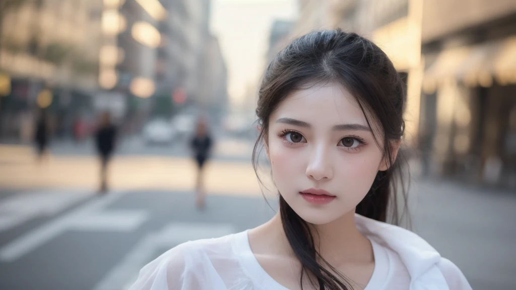 (stunning photo), best quality, 8K resolution, beautiful girl, perfect figure, (beautiful detailed face), dark hair (ponytail), delicate makeup, glossy lips, long eyelashes, bright big eyes, eye shadow, pretty girl, gym workout, high detail, colorful photo, light and shadow details Beautiful girl, very delicate, supple white skin, stunningly beautiful, extreme details Colorful photo, light and shadow details, Beautiful girl, very delicate, supple white skin, delicate facial features, perfect face, stunningly beautiful, extreme details, realistic details, running, in the street, lots of sweat (water drops) on the face