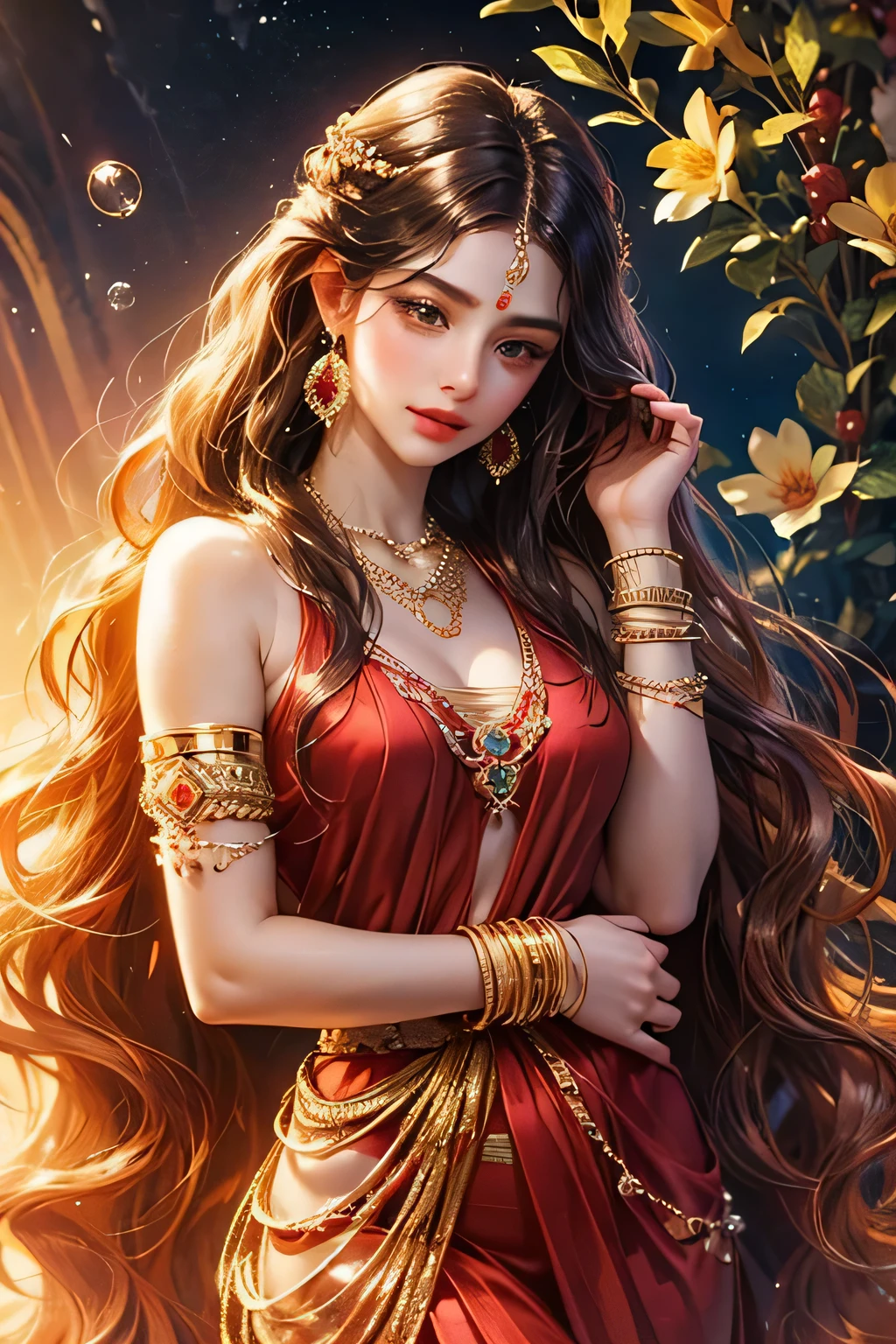 Goddess parvati, very beautiful, animated style, closeup shot, anime in a red indian dress, long black wavy hair untied, head jewellery, necklace, earings, armlets, bangles and bracelets, rings, pleasant expression, bright big black eyes, holding a flower, natural beauty, vibrant colors, dreamy, northern light, pink bubble, romantic, soft lighting, vintage aesthetic