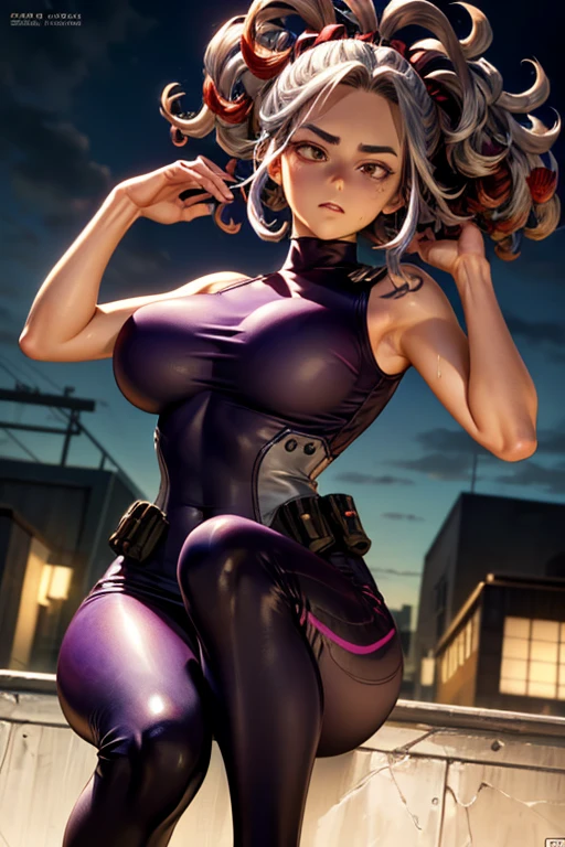 (Very detailed,Highest quality,4K,8K,High resolution,masterpiece:1.2),(Perfect hands,Perfect Legs),(Realistic,photoRealistic,photo-Realistic:1.37),One Woman,Nagant,Calm expression,Beautiful Face,(((Purple Red Medium Perm))),
((Black sleeveless wetsuit top)),((Black long skirt)),(((Silver leggings worn from the knee down))),
Beautifully detailed sweat glands,Smooth skin texture,Carefully drawn,(Big Breasts),Sticky with sweat,In a dynamic pose,
My Hero Academia,Outdoor,rooftop,night,
