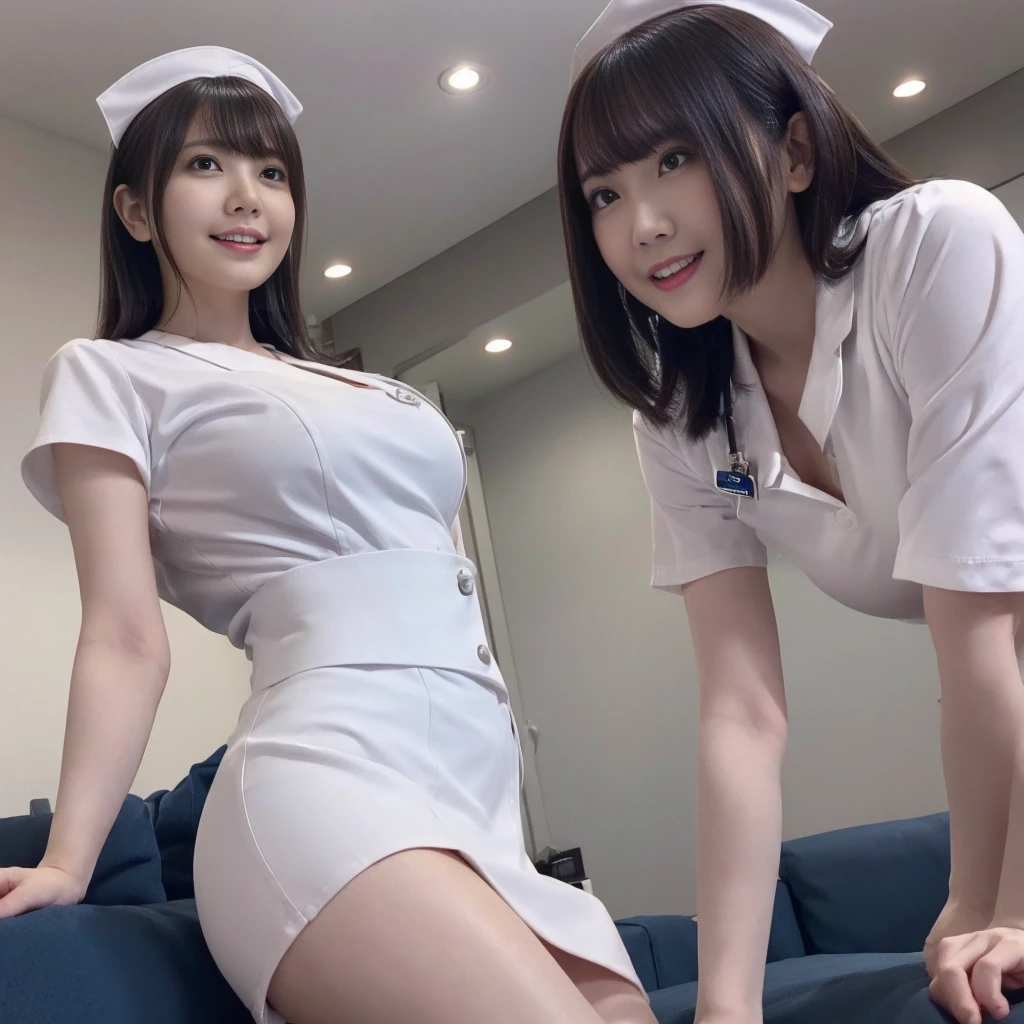 (from below:1.5)、（Nurse Uniform、White nurse wear、Micro Mini Skirt、Nurse cap、Ass、Black Hair、Big Ass、Health Room）、Extremely sexy、smile、Professional Lighting、Small waist、Beautiful adult woman、Captivating thighs、Very large breasts、Cleavage、