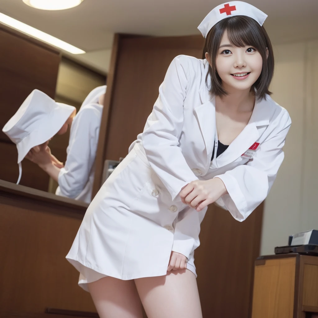 (from below:1.5)、(Nurse Uniform、White nurse wear、Micro Mini Skirt、Nurse cap、Ass、Black Hair、Big Ass、Health Room)、Extremely sexy、smile、Professional Lighting、Small waist、Beautiful adult woman、Captivating thighs、Very large breasts、Cleavage、