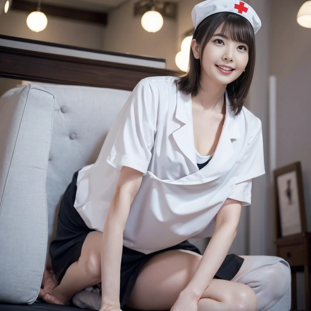 (from below:1.5)、（Nurse Uniform、White nurse wear、Micro Mini Skirt、Nurse cap、Ass、Black Hair、Big Ass、Health Room）、Extremely sexy、smile、Professional Lighting、Small waist、Beautiful adult woman、Captivating thighs、Very large breasts、Cleavage、