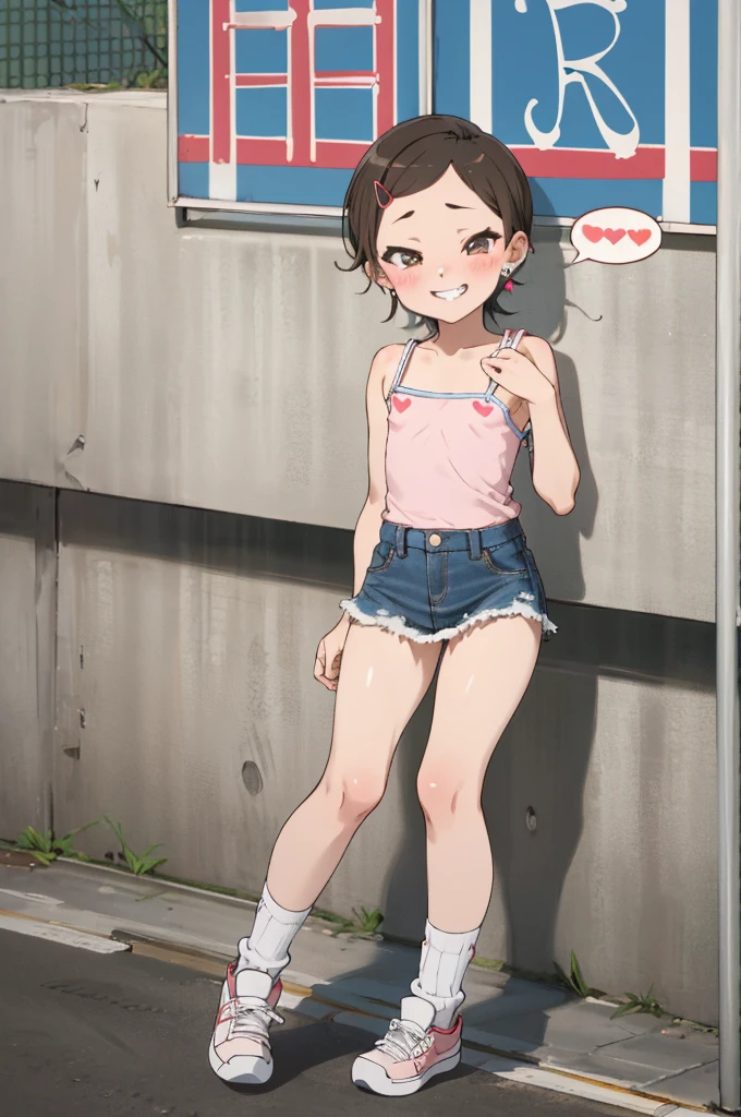 masterpiece, best quality, absurdres, 
1girl, ,, blush, ,,camisole,, (denim skirt),socks,looking viewer,,spoken heart,***,(petite),flat chest,,outdoor,grin,nsfw,socks,earring