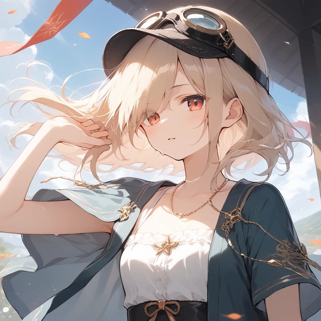 score_9, score_8_up, score_7_up, source_anime, best quality, masterpiece, official art, absurdres, highres, ultra-detailed,waifu2x,Collection: Slice of Life,break,1girl, 15-year-old, short hair, hair over one eye, small breasts, beautiful detailed face, beautiful detailed eyes, well-proportioned iris and pupils, parted lips, beautiful detailed lips, cap, goggles on headwear, skirt, sweat, expressionless, sleepily, fantasy, outdoors, wind, break,(clear line illustration:1.2),very high resolution, very aesthetic, super detailed skin, Best cinematic lighting powered by famous artist, 8k, beauty illustration,photoshop_(medium),,(Detailed Lighting),best anime 8k konachan wallpaper, pixiv contest winner,