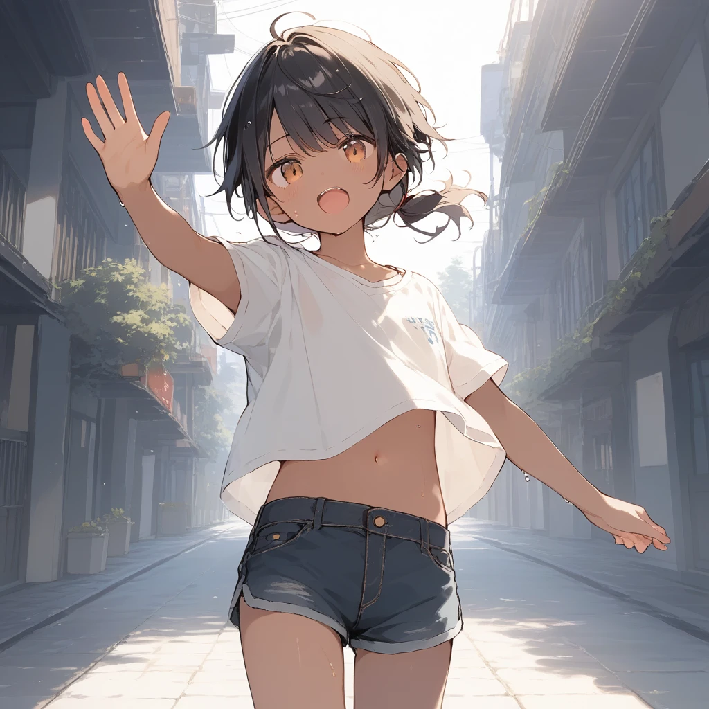 score_9, score_8_up, score_7_up, source_anime, best quality, masterpiece, official art, absurdres, highres, ultra-detailed,waifu2x,Collection: Slice of Life,break,1girl, tomboy, dark-skinned female, short hair, low ponytail, flat chest, beautiful detailed eyes, short shorts, sweat, open mouth, (yawn:0.3), sleepily, outdoors, wind, break,(clear line illustration:1.2),very high resolution, very aesthetic, super detailed skin, Best sexual lighting powered by famous artist, 8k,cute picture,beauty illustration,photoshop_(medium),,(Detailed Lighting),best anime 8k konachan wallpaper, pixiv contest winner,