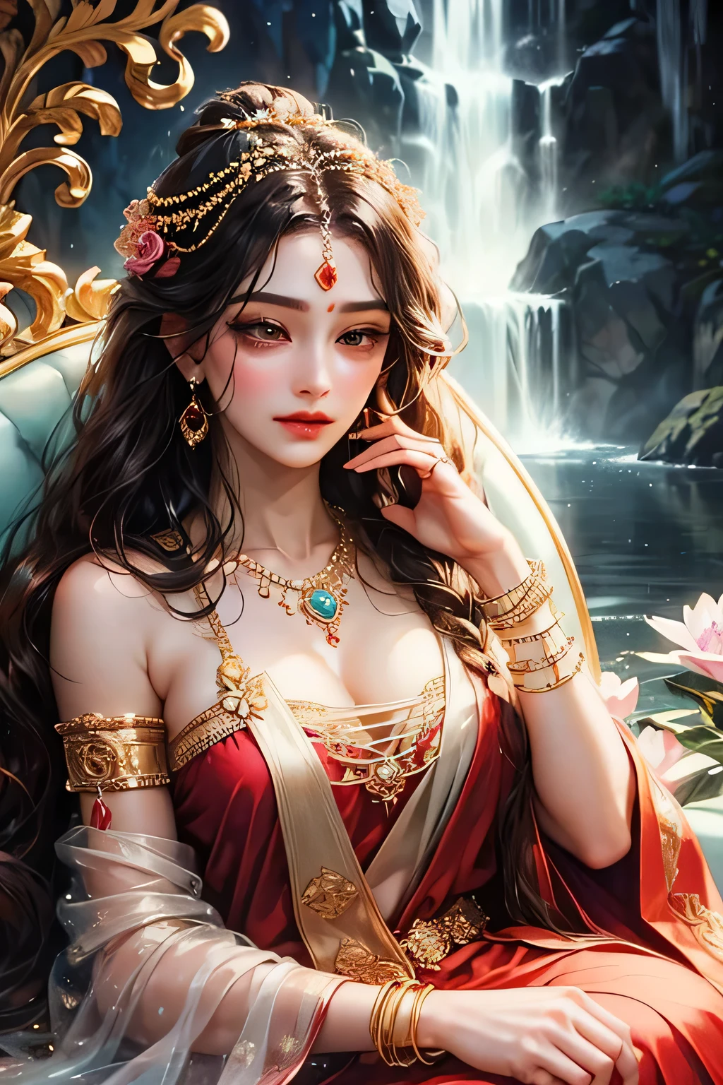 Goddess parvati, very beautiful, animated style, closeup shot, anime in a red indian dress, long black wavy hair untied, head jewellery, necklace, earings, armlets, bangles and bracelets, rings, pleasant expression, bright big black eyes, holding a flower, natural beauty, vibrant colors, dreamy, northern light, pink bubble, romantic, soft lighting, vintage aesthetic