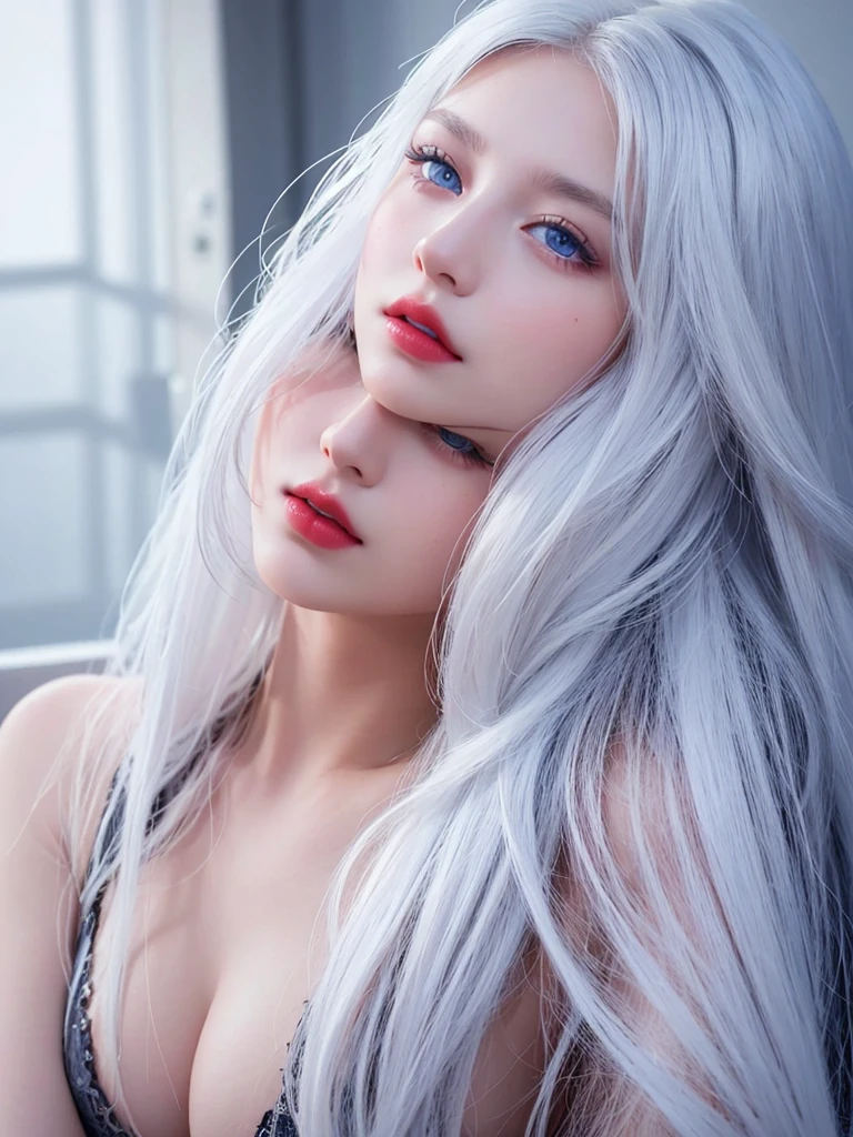 Best quality, masterpiece, ultra high res, (photorealistic:1.5), raw photo, 1girl, deep shadow, low key, cold light, long white hair, clear blue eyes, red lips