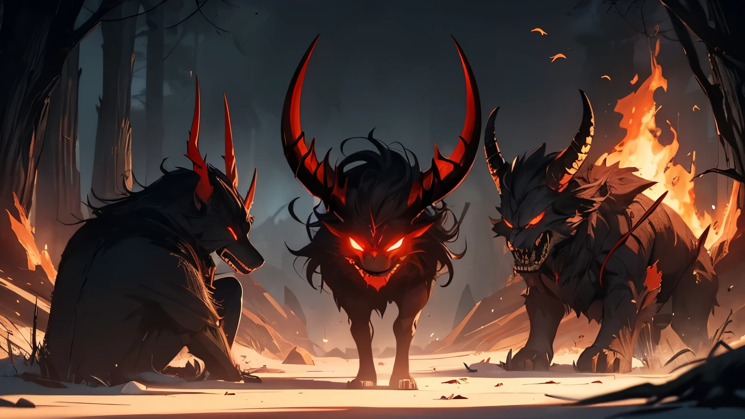 Here is the prompt with the addition of a horned demon in the image:

A somber scene around a crackling campfire. On one side, a strong and muscular man, wearing simple clothes and carrying firewood for the fire. on the other side, a happy and colorful clown, with a red nose and exaggerated makeup, dancing and playing around the fire. Behind them, emerging from the shadows, a demon with long, sharp horns, with glowing red eyes and a sinister expression. The demon seems to be observing the scene with an air of malice., their presence adding a sense of danger and tension to the environment.

Additional Detail:

resolution: 1024x768 pixels Artistic style: realisitic, with touches of fantasy Lighting: soft and warm, from the bonfire, with scary shadows Color palette: Earthy tones, with touches of bright colors in the clown and dark tones in the demon Composition: the three characters in strategic positions, creating a visual narrative