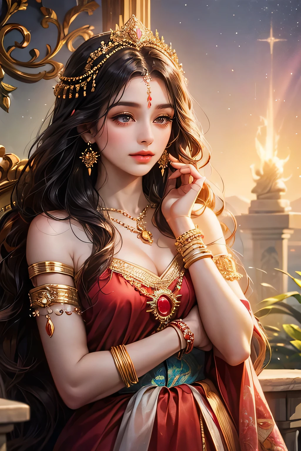 Goddess parvati, very beautiful, animated style, closeup shot, anime in a red indian dress, long black wavy hair untied, head jewellery, necklace, earings, armlets, bangles and bracelets, rings, pleasant expression, bright big black eyes, holding a flower, natural beauty, vibrant colors, dreamy, northern light, pink bubble, romantic, soft lighting, vintage aesthetic