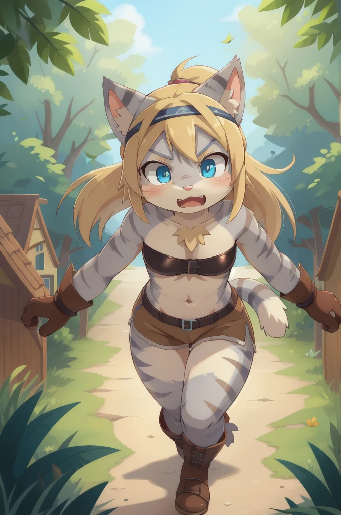 score_9,score_8_up,score_7_up, source_cartoon, source_furry, Kat, Anthro furry feline girl, tall body, hourglass figure, adult female, blue eyes, :3, snout, pink nose, silver furry body, grey tabby cat stripes, long blonde hair, hair in a ponytail, ((wearing blue bandeau, brown short shorts, brown boots, leather straps accessories, hidding leaf village headband)), holding two kunais, Naruto running, running towards viewer, angry expression, glowing blue eyes, outdoors, from above, dynamic action shot, speed lines, motion blur, hands behind back, Birds Eye view