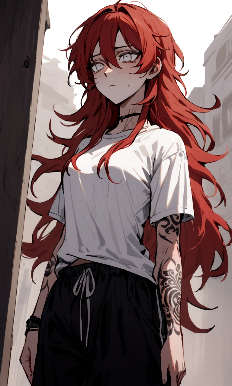 make me a female, 22 years old, red long messy hair,white eyes, she's blind, body tattoos, white tight shirt and baggy black sweatpants, emotionless face