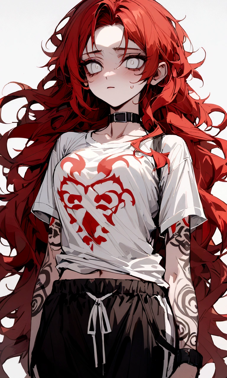 make me a female, 22 years old, red long messy hair,white eyes, she's blind, body tattoos, white tight shirt and baggy black sweatpants, emotionless face