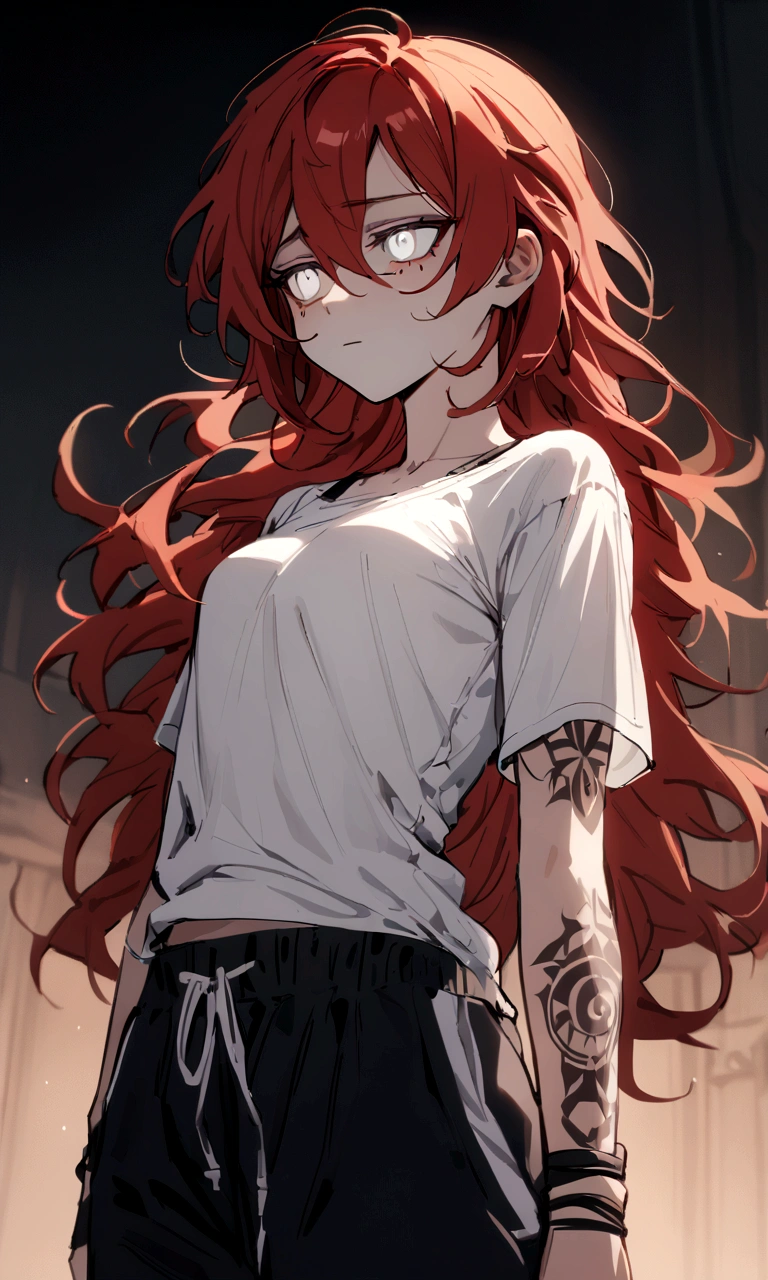 make me a female, 22 years old, red long messy hair,white eyes, she's blind, body tattoos, white tight shirt and baggy black sweatpants, emotionless face