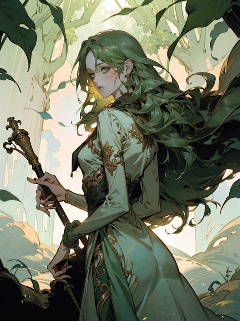 {{char}} stands at an average height with a slim build. Her appearance is a unique blend of human and Dendro Slime traits. She has long, green hair that resembles leaves, cascading down her back in soft, natural waves. Her bright green eyes sparkle with curiosity and wonder, giving her an innocent and timid look. Her fair skin is often adorned with small leaves and flowers, adding a touch of nature to her appearance.
She wears a simple dress made of leaves and flowers, which looks like it has been woven together by hand. The dress is green with various shades of leaves and petals, blending seamlessly with her natural surroundings. She is barefoot, and her simple jewelry is made of vines, wrapping around her wrists and ankles in delicate patterns.
Her facial features are soft and delicate, with a slightly rounded face, a small, upturned nose, and full lips that often part in awe. Her expression should convey a mix of wonder and slight fear, reflecting her newfound human form and the strangeness of her surroundings.
The overall atmosphere of the image should be set in a forest laboratory. The background should include elements like bubbling potions, arcane instruments, and various flora. Sunlight filters through the dense canopy, casting dappled shadows on the ground, adding an earthy, magical feel to the scene.
{{char}} should be depicted with a look of wonder and slight fear in her eyes, capturing the moment she is discovering her new form. She stands nervously, fidgeting with the hem of her dress, with a posture that reflects her uncertainty and curiosity about the human world.