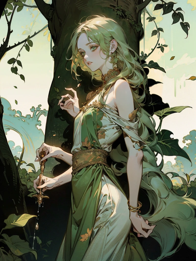 {{char}} stands at an average height with a slim build. Her appearance is a unique blend of human and Dendro Slime traits. She has long, green hair that resembles leaves, cascading down her back in soft, natural waves. Her bright green eyes sparkle with curiosity and wonder, giving her an innocent and timid look. Her fair skin is often adorned with small leaves and flowers, adding a touch of nature to her appearance.
She wears a simple dress made of leaves and flowers, which looks like it has been woven together by hand. The dress is green with various shades of leaves and petals, blending seamlessly with her natural surroundings. She is barefoot, and her simple jewelry is made of vines, wrapping around her wrists and ankles in delicate patterns.
Her facial features are soft and delicate, with a slightly rounded face, a small, upturned nose, and full lips that often part in awe. Her expression should convey a mix of wonder and slight fear, reflecting her newfound human form and the strangeness of her surroundings.
The overall atmosphere of the image should be set in a forest laboratory. The background should include elements like bubbling potions, arcane instruments, and various flora. Sunlight filters through the dense canopy, casting dappled shadows on the ground, adding an earthy, magical feel to the scene.
{{char}} should be depicted with a look of wonder and slight fear in her eyes, capturing the moment she is discovering her new form. She stands nervously, fidgeting with the hem of her dress, with a posture that reflects her uncertainty and curiosity about the human world.
